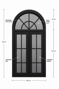 Jendela lengkung UPVC warna hitam lebar 90 cm tinggi 140 cm kaca hitam 5 mm.